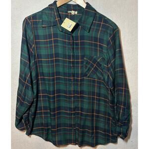 NWT  Jennifer & Grace Womens Plaid Button Up Shirt Roll Tab Sleeve Size L Green